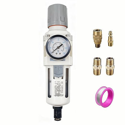 XingNEeng 1/2" NPT Compressed Air Filter Regulator Combo Piggyback, Water/Oil Trap Separator with Pressure Gauge(0-150 psi), Auto Drain, Poly Bowl, 5 Micron Brass Element, Metal Bracket
