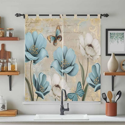 Spring Flowers Living Room Curtains 84 Inch Length, Window Curtains Tab Top, Vintage Rustic Tulips Floral Butterfly Khaki Light Filtering Window Treatments Drapes 42"x84" 2 Panel