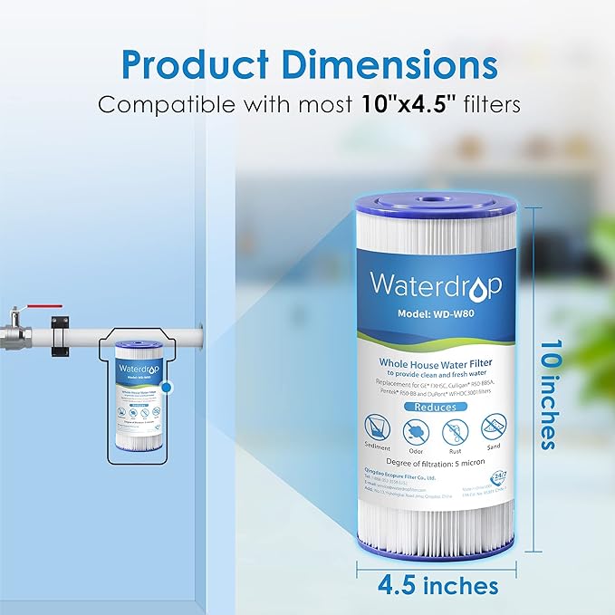 Waterdrop FXHSC Whole House Water Filter, Replacement for GE® FXHSC, GXWH40L, GXWH35F, American Plumber W50PEHD, W10-PR, R50-BBSA, 5 Micron 10" x 4.5", 4 Pack