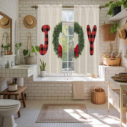 Red Green Christmas Window Curtains 63 Inch Long 2 Panel Set, Rod Pocket Bedroom Curtains & Drapes, Farmhouse Xmas Botanical Winter Light Filtering Window Treatment for Living Room 42"W x 63"L