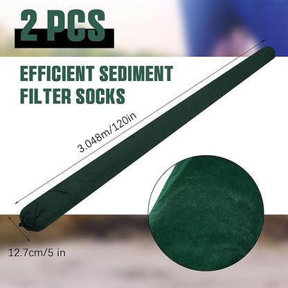 2 Pcs Sediment Filter Erosion Control Blanket Silt Fence Sock with Stuffers Drain Stormwater Sediment Filter for Erosion Control and Storm Drain Protection (Green)