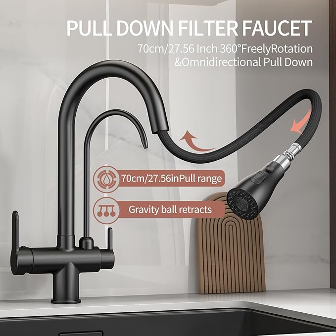 Kitchen Sink Faucet with Pull - Down Sprayer, 2 - Handle 3 - in - 1 Kitchen Sink Filter Faucet, Cold and Hot Mixer Drinking Water Faucet (3-in-1 Filter Faucet, Black)