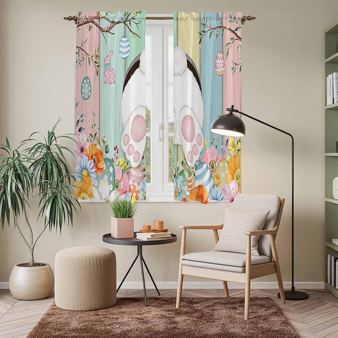 Easter Window Curtains 63 Inch Long 2 Panel Set, Rod Pocket Bedroom Curtains & Drapes, Spring Colorful Bunny Eggs Flower Wood Grain Light Filtering Window Treatment for Living Room 42"W x 63"L
