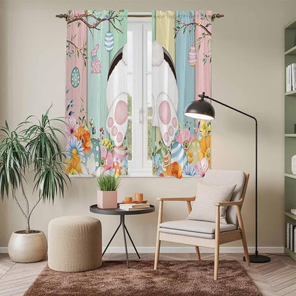 Easter Window Curtains 63 Inch Long 2 Panel Set, Rod Pocket Bedroom Curtains & Drapes, Spring Colorful Bunny Eggs Flower Wood Grain Light Filtering Window Treatment for Living Room 42"W x 63"L