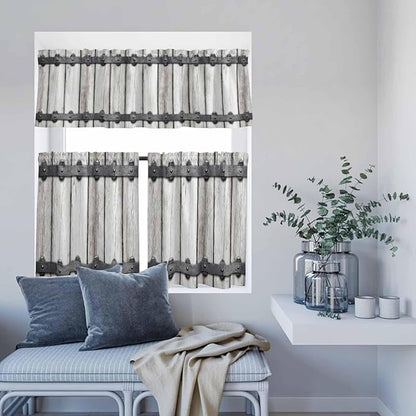 Farmhouse Rustic Kitchen Curtain Set, Vintage Country Wooden Grain Window Valance and Tiers 24" Length, Light Filtering Short Curtains Valance for Cafe Bathroom Bedroom 54"x18"