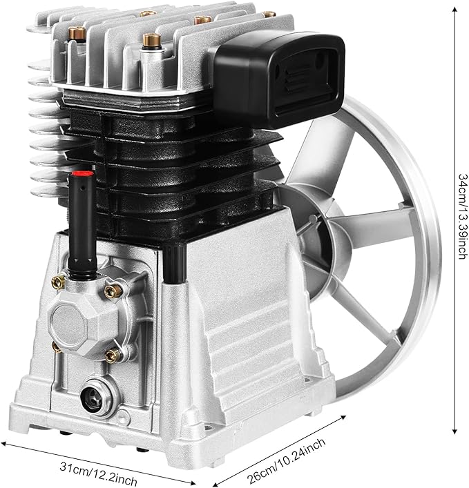 Air Compressor Pump Head, Twin Cylinder Air Compressor Head with 3Hp Powerful Function Exhaust Valve Design and Good Heat Dissipation Air Filter Muffler Industrial Compressor Pump Motor for Electronic