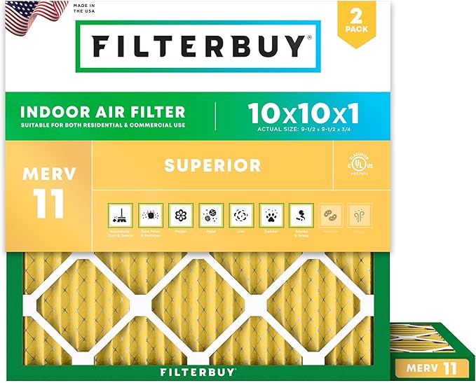 Filterbuy 10x10x1 Air Filter MERV 11 Superior Pet & Allergy Defense (2-Pack), Electrostatic Pleated HVAC AC Furnace Filters Replacement, Made in USA (Actual Size: 9.50 x 9.50 x 0.75)