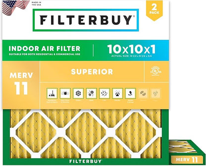 Filterbuy 10x10x1 Air Filter MERV 11 Superior Pet & Allergy Defense (2-Pack), Electrostatic Pleated HVAC AC Furnace Filters Replacement, Made in USA (Actual Size: 9.50 x 9.50 x 0.75)