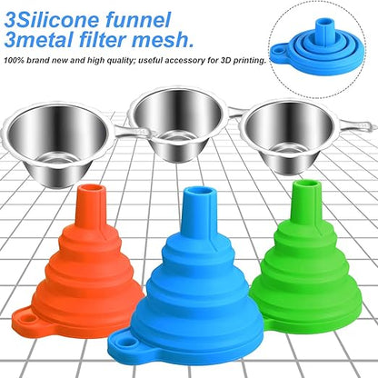 Boao 6 Pack Resin Funnels Filter 3D Printer Accessories Include Collapsible Silicone Funnels and Stainless Steel Filter Cups for Pouring Resin Back into Bottle(Blue, Orange, Green)