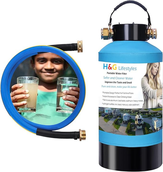 H&G Lifestyles RV Water Filter,Iron Filter for Well Water, Remove Iron Manganese Calcium and Magnesium, RV Water Softener Filtration System for Garden Hose, with 3/4" GHT Brass Adapter
