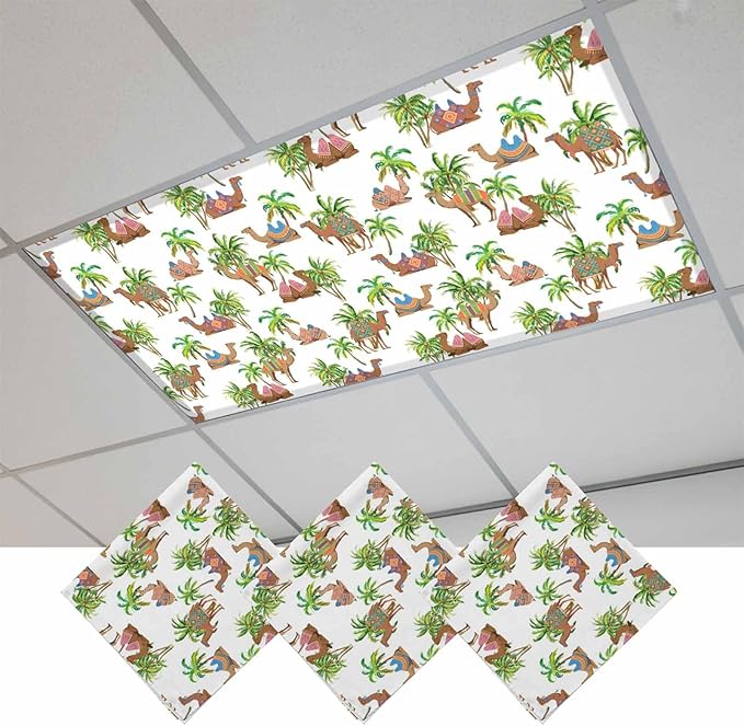 Fluorescent Light Covers for Ceiling Lights Deserts Camels Magnetic Light Filters 3 Pack 4x2 ft Southwest Date Trees Ceiling Lights Cover for Classroom Office School Home Drop Lamp Decor