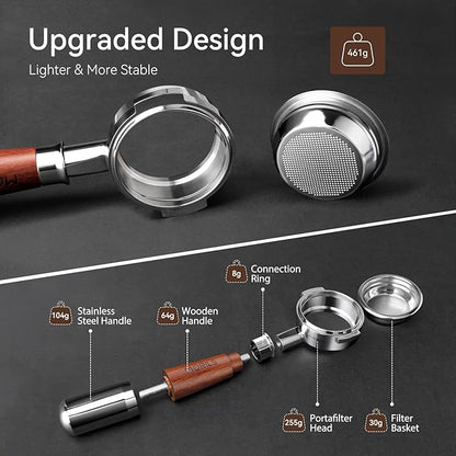 Bottomless Portafilter 58mm with Double Shot Filter Basket & Premium Walnutwood Handle, Portafilter with Puck Screen Compatible with All Breville 58mm Machines, Espresso Accessories, Silver