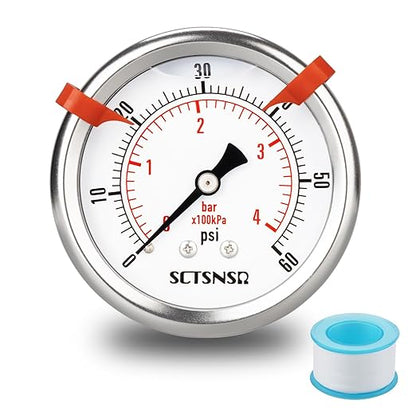 0 to 60 Psi Pressure Gauge, Glycerin Liquid Filled, 2.5 inch Dial, 1/4" NPT Back Mount, Stainless Steel Case, for Swimming Pool Sand Filter, Water Pump, Regulator, Air, Oil, Low Pressure Test