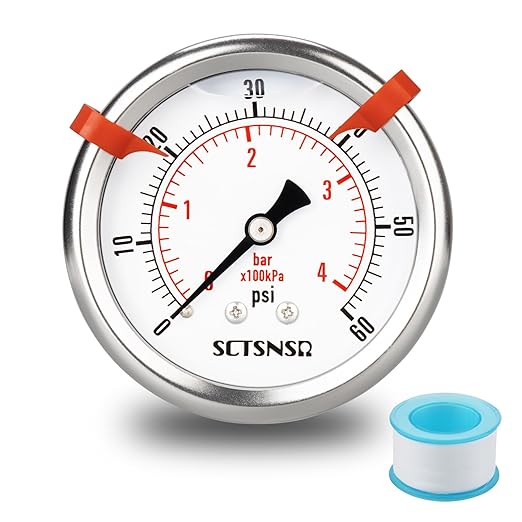 0 to 60 Psi Pressure Gauge, Glycerin Liquid Filled, 2.5 inch Dial, 1/4" NPT Back Mount, Stainless Steel Case, for Swimming Pool Sand Filter, Water Pump, Regulator, Air, Oil, Low Pressure Test