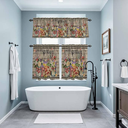 Kitchen Curtains Tiers and Valance Set of 3, Spring Flowers Light Filtering Window Curtain Set, Farmhouse Vintage Black Plaid Wood Grain Rod Pocket Curtain Drapes for Living Room, 36 Inches Tiers