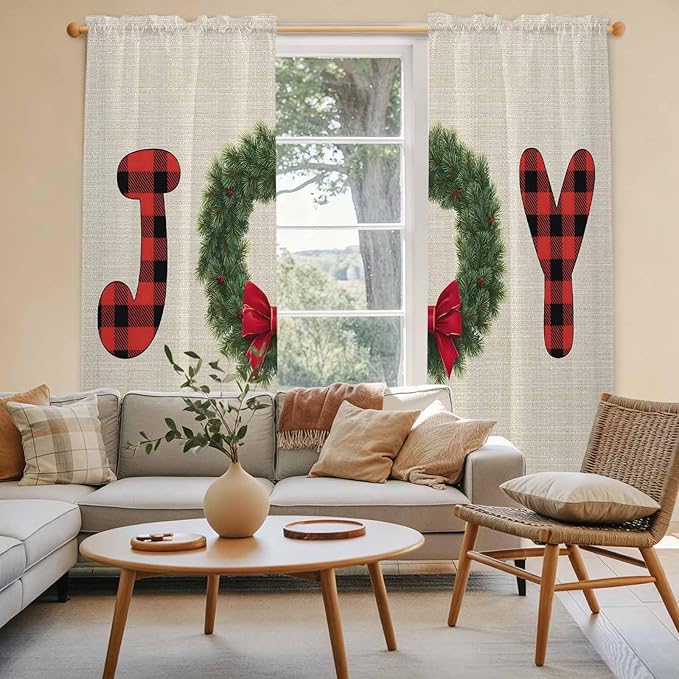 Red Green Christmas Window Curtains 72 Inch Long 2 Panel Set, Rod Pocket Long Curtains & Drapes, Farmhouse Xmas Botanical Winter Light Filtering Window Treatment for Bedroom Living Room 52"W x 72"L