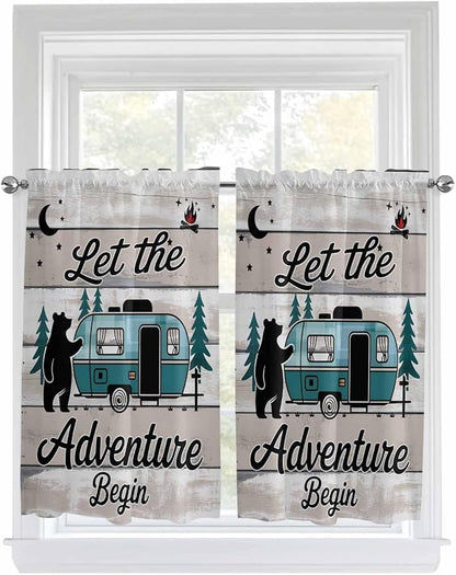Farmhouse Bear Camper Van Tree Window Valance Curtains, Vintage Wood Grain Light Filtering Kitchen Valance with 3-inch Rod Pocket for Living Room Bathroom Bedroom,2 Panel,27.5x45In