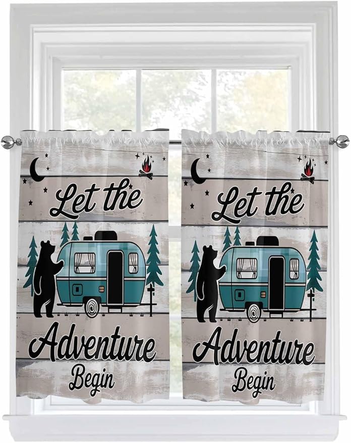 Farmhouse Bear Camper Van Tree Window Valance Curtains, Vintage Wood Grain Light Filtering Kitchen Valance with 3-inch Rod Pocket for Living Room Bathroom Bedroom,2 Panel,52x54In