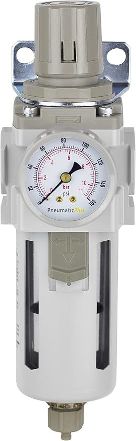 PneumaticPlus SAW400-N04BG Compressed Air Filter Regulator Piggyback Combo 1/2" NPT - Poly Bowl, Manual Drain, Bracket, Gauge