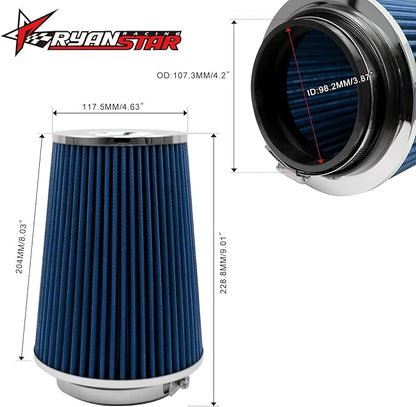 RYANSTAR RACING 102mm 4" High Flow Round Tapered Cone Cool Air Filter Cleaner with Top Filter Design Short 231mm tall Blue