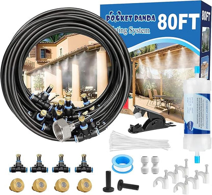 Pre-Assembled Misters for Outside Patio,80FT|24M.Outdoor Misting Cooling System w Filter, Backyard Mist Kit for Garden,Greenhouse,Deck,Umbrella,Canopy,Pool,Porch,Trampoline,ParkBBQ Party