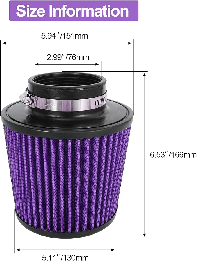 Cold Air Intake Filter High Performance Washable Filter Clamp-On Replacement Air Filter Flange Diameter 3inch/76mm Purple