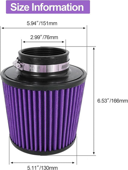 Cold Air Intake Filter High Performance Washable Filter Clamp-On Replacement Air Filter Flange Diameter 3inch/76mm Purple