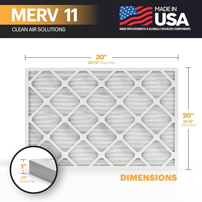 BNX TruFilter 20x30x1 Air Filter MERV 11 (4-Pack) - MADE IN USA - Allergen Defense Electrostatic Pleated Air Conditioner HVAC AC Furnace Filters for Allergies, Dust, Pet, Smoke, Allergy MPR 1200 FPR 7