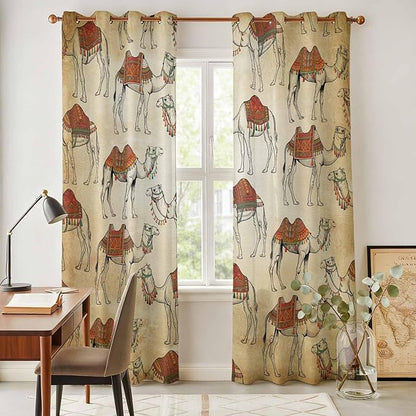 2 Panel Kitchen Cafe Curtains, Desert Sand Camel Sunlight Filtering Nature Air Through, Home Decor Window Covering Tier Curtains for Living Room 104W x 90L inch Summer Tropical Animals Vintage Beige