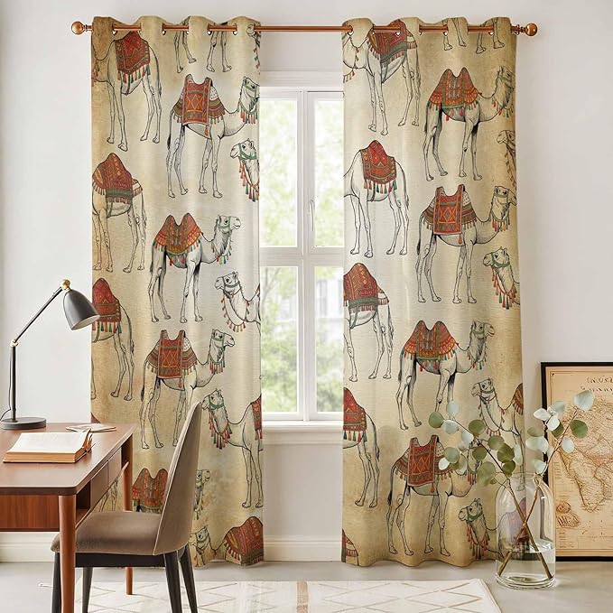 2 Panel Kitchen Cafe Curtains, Desert Sand Camel Sunlight Filtering Nature Air Through, Home Decor Window Covering Tier Curtains for Living Room 104W x 96L inch Summer Tropical Animals Vintage Beige