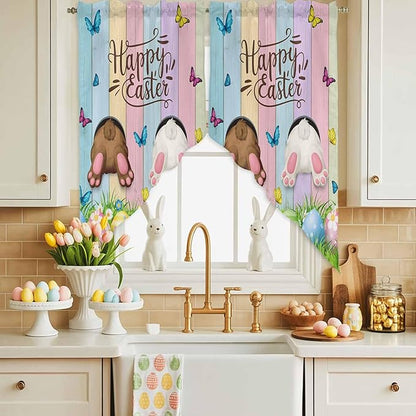 Swag Curtain Valances for Kitchen Windows,Happy Easter Rabbit Butt Egg on Daisy Leaf Short Rod Pocket Window Valance,Bufferfly on Wood Barn Swag Topper for Bedroom Living Room,2 Panels 36x63in