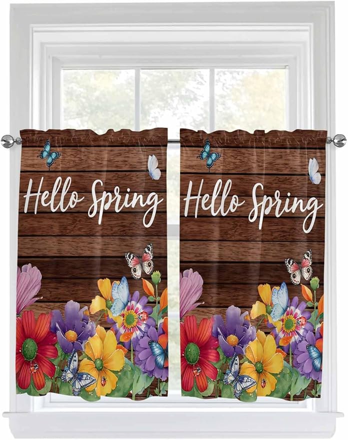 Spring Flowers Tier Curtains 45 Inches Long, Watercolor Farmhouse Colorful Wooden Grain Window Treatment Curtain Drapes, Window Half Privacy Curtains for Bedroom Bathroom, 42"x45", 2 Panels