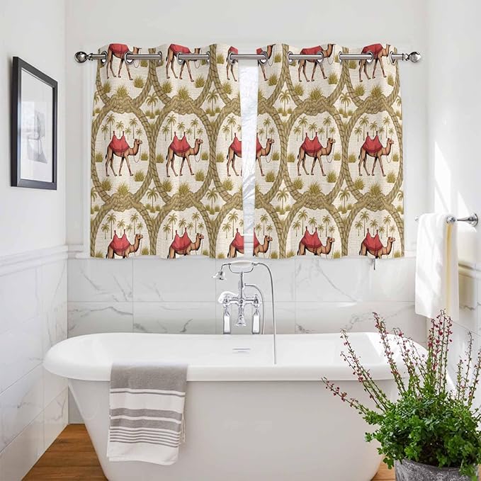 2 Panel Kitchen Cafe Curtains, Camels Palm Trees Sunlight Filtering Nature Air Through, Home Decor Window Covering Tier Curtains for Bedroom Living Room Desert Date Coconut Trees Leaves Cords Beige