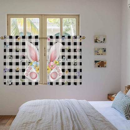 Easter Kitchen Tier Curtains 45 Inch Long 2 Panel Set,Rod Pocket Short Window Treatment,Spring Rabbits Ears Feet Wildflowers Black Plaid Light Filtering Curtains & Drapes for Bathroom 27.5"W x 45"L