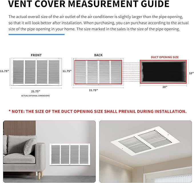 20x10 Return Air Grille(Duct Opening Size),Air Return Vent Cover,Flat Vent Cover,Rejillas De Aire Acondicionado para Casa,Return Air Grilles,Outer Dimensions:21.75"Wx11.75"H(20"Wx10"H, Duct Opening)