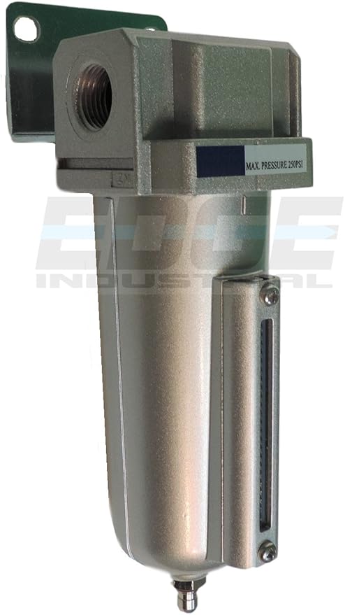 HEAVY DUTY HIGH FLOW COMPRESSED AIR IN-LINE PARTICULATE FILTER WITH METAL BOWL, 1/2" NPT PORTS, 140 CFM, VISIBLE SIGHT GLASS, 5 MICRON ELEMENT