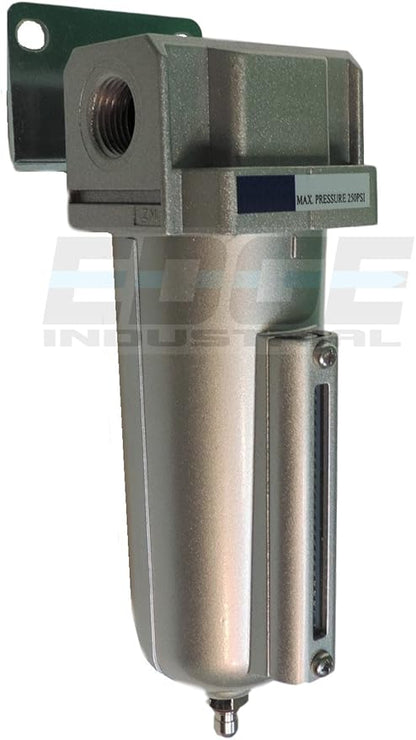 HEAVY DUTY HIGH FLOW COMPRESSED AIR IN-LINE PARTICULATE FILTER WITH METAL BOWL, 1/2" NPT PORTS, 140 CFM, VISIBLE SIGHT GLASS, 5 MICRON ELEMENT