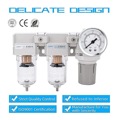 NANPU 1/4" NPT Air Drying System - Double Air Filters, Air Pressure Regulator Combo - Semi-Auto Drain, Poly Bowl