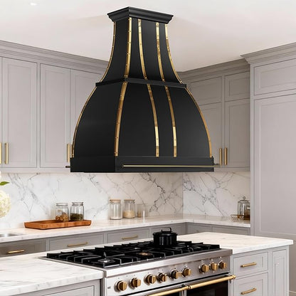 CHETTO C Stainless Steel Range Hood Cover with 4-Speed Vent Hood Insert Custom Handmade Metal Kitchen Fan with Towel Rack LED Light 54"W x27"D x51"H Black Island Mount