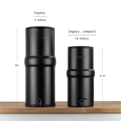 Boroux Compact Gravity-Fed Countertop Stainless Steel Water Filter System | 1.8 Gallons with 2 Authentic Black Foundation. Filters | Matte Black
