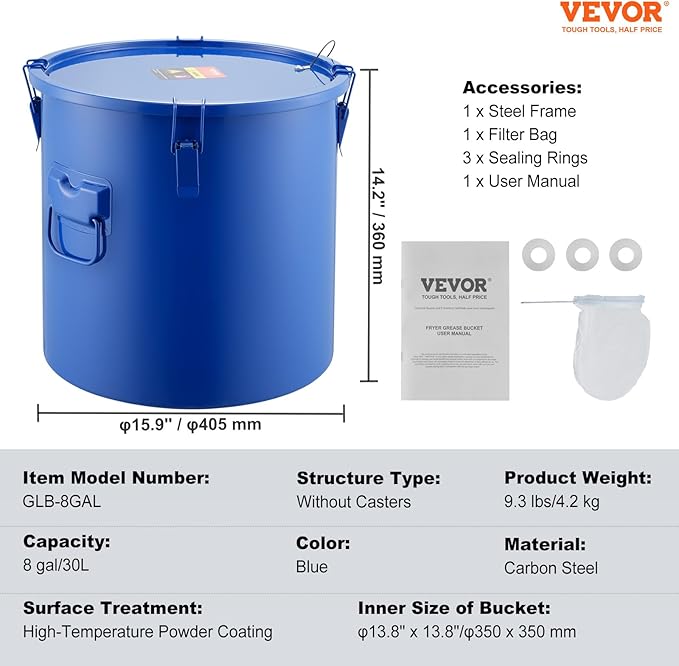 VEVOR Fryer Grease Bucket, 10 Gal Oil Disposal Caddy Carbon Steel Fryer Oil Bucket with Rust-Proof Coating, Oil Transport Container with Lid, Lock Clips, Filter Bag for Hot Cooking Oil Filtering