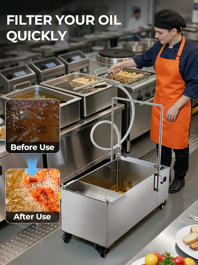 Mobile Fryer Oil Filter Machine, 55L/14.5GAL Fryer Filter Machine, Stainless Steel Commercial Fryer Oil Filter Cart with 8.45GAL/Min 1720RPM, Deep Fryer Oil Filtration for Restaurant Snack Bar 550W