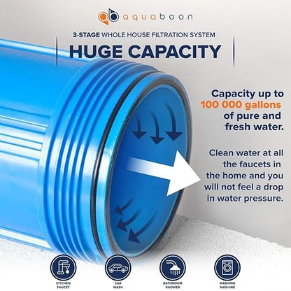 Aquaboon 3-Stage Whole House Water Filter System with 5 Micron 10x4.5 House Water Purification Reducing Sediment, Ganular Activated Carbon (GAC) and Carbon Chlorine Reduction Filter, Wrench, Bracket