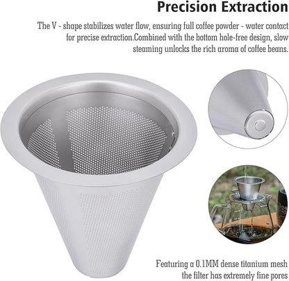 iBasingo Titanium Coffee Filter Pour Over Coffee Dripper with Foldable Holder Metal Cone Filter Paperless Reusable Portable for Home, Work, Outdoor Travel, Camping Ti6004P