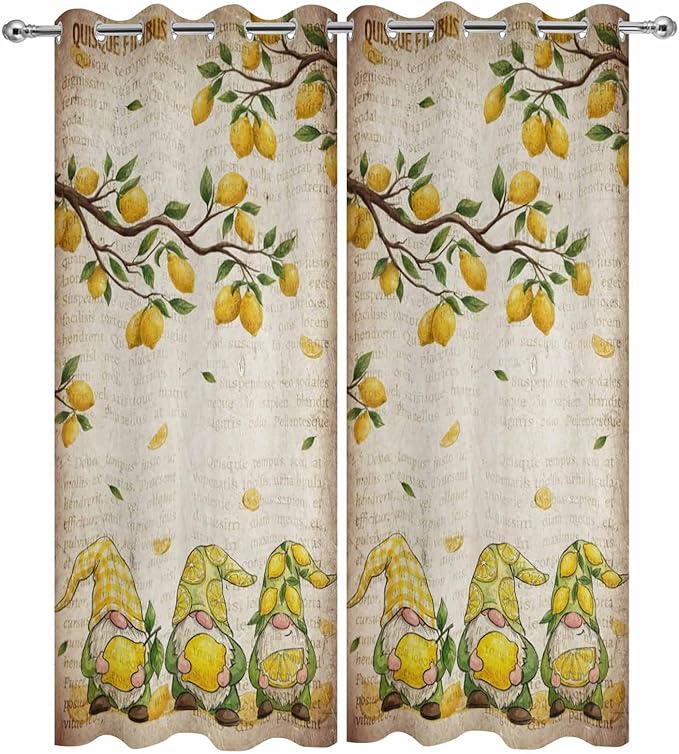 Summer Gnome Outdoor Curtains for Patio Gnome Lemon Leaf Vintage Waterproof Outside Curtains with Grommet Top Weatherproof Curtain for Cabana Pergola Gazebo, 2 Pack, 54" W x 108" L