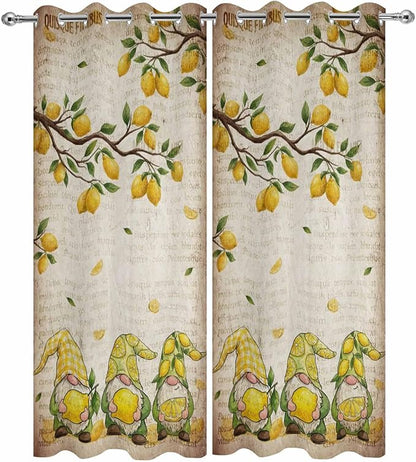 Summer Gnome Outdoor Curtains for Patio Gnome Lemon Leaf Vintage Waterproof Outside Curtains with Grommet Top Weatherproof Curtain for Cabana Pergola Gazebo, 2 Pack, 54" W x 108" L