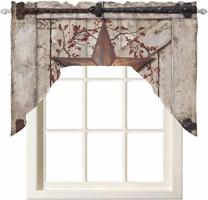 Country Star Swag Kitchen Curtains Valance and Tier Set, VintageRust Yellow Star Berry Beige Barn Gate Light-Filtering Swag Valance, Rod Pocket Short Curtain for Bedroom Cafe, 56x36 inches