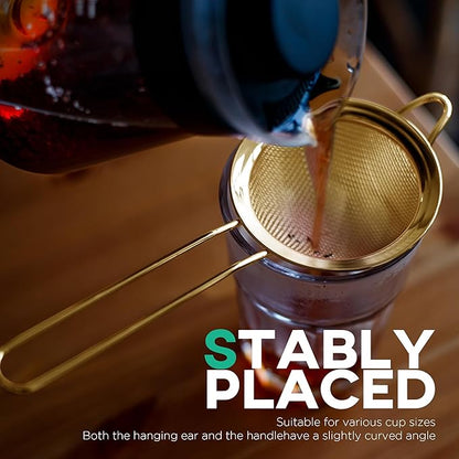 Homestia Fine Mesh Strainer for Kitchen, 304 Stainless Steel Cocktail Sieve Sifters for Food, Liquid Strainer for Drinks, Tea, Coffee, Juice, Flour, Spice, Fruits, Vegetables (Gold, 2 Pieces)