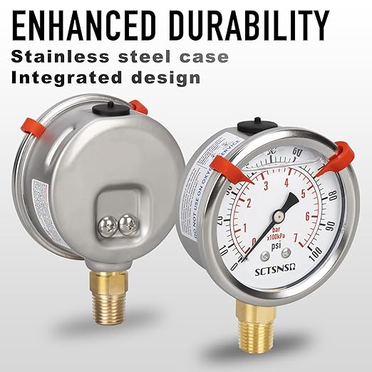 0 to 100 Psi Pressure Gauge, Glycerin Liquid Filled, 2.5 inch Dial, 1/4" NPT Lower Mount, Stainless Steel Case, for Water Pump, Pneumatic Air, Well Tank, RV Hose, Gas, Low Pressure Test
