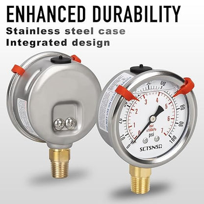 0 to 100 Psi Pressure Gauge, Glycerin Liquid Filled, 2.5 inch Dial, 1/4" NPT Lower Mount, Stainless Steel Case, for Water Pump, Pneumatic Air, Well Tank, RV Hose, Gas, Low Pressure Test